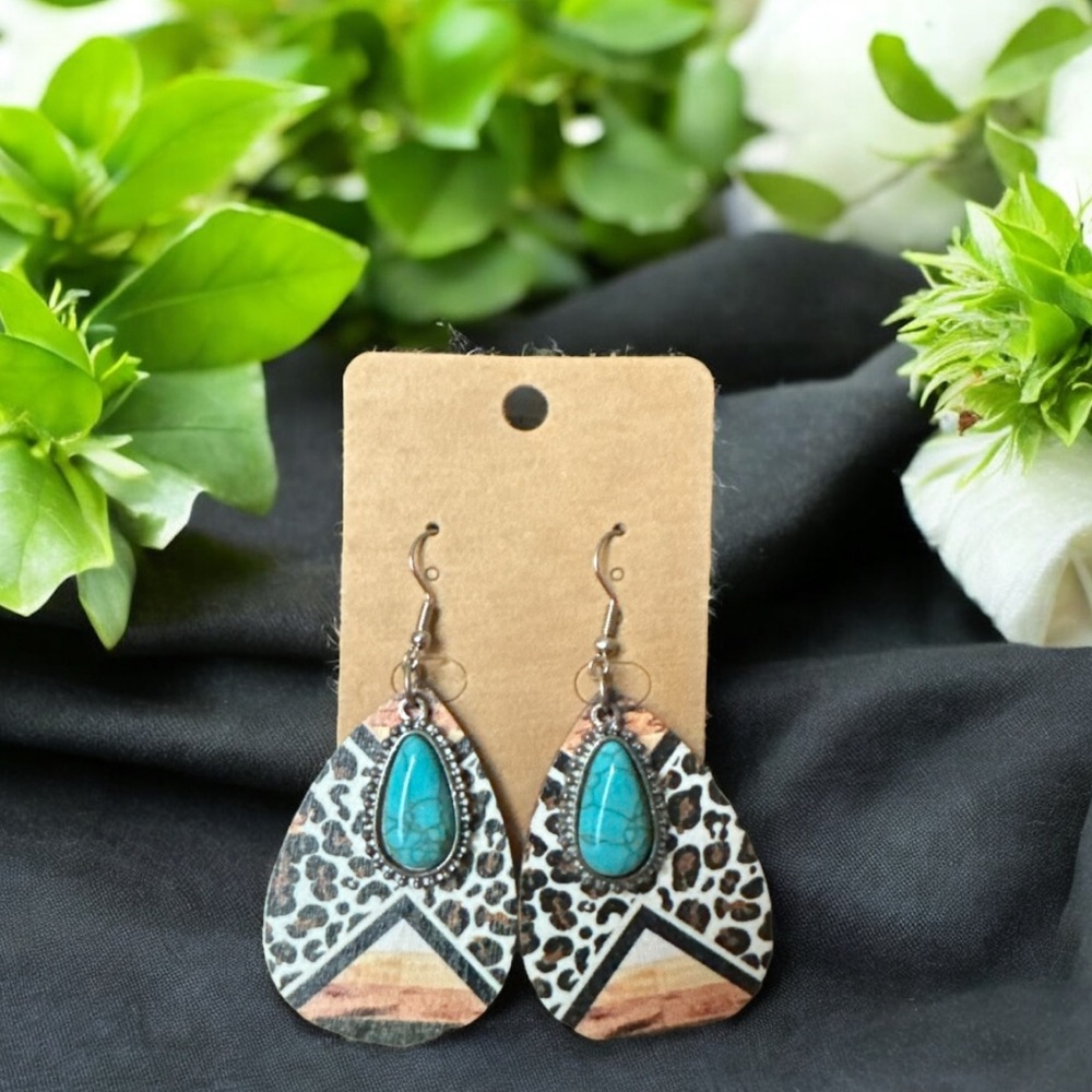 Leopard Print Teardrop Earrings with Turquoise Accent bohemian Western style